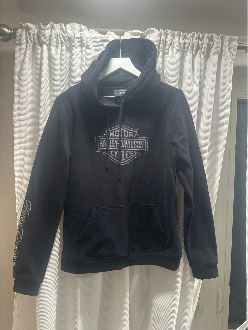 (2)Harley-Davidson Black Hoodie with Silver Logo and Sleeve Print, Size L